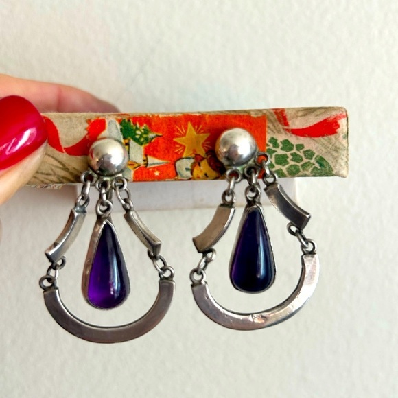 Vintage Sterling Silver Amethyst Cabachon Drop Earrings Dangle Screw Back Mexico - Picture 1 of 11